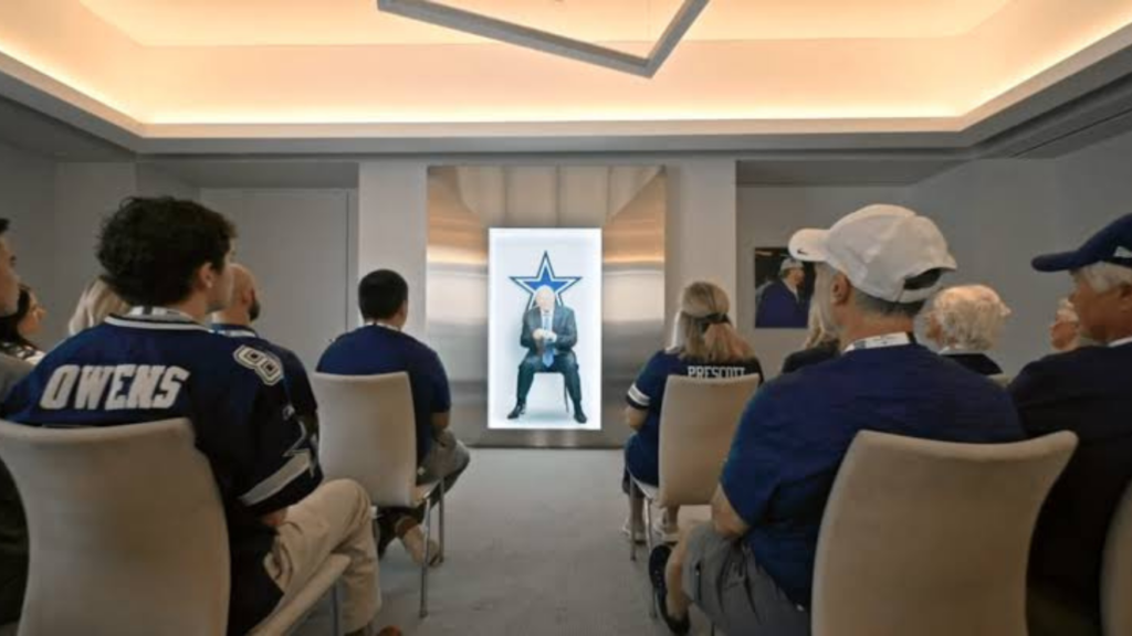 Cowboys "Jerry Jones" AI hologram answering Fan's questions at AT&T Stadium